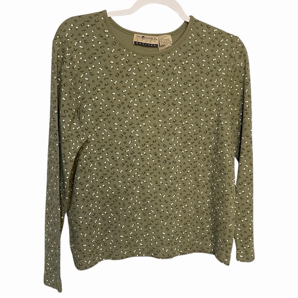 Sag Harbor Long Sleeve Thermal Style Shirt Top Womens Medium Green Floral Ditsy